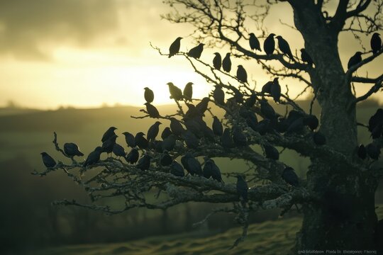 Pidgins gather on bare tree branches during sunset in a tranquil landscape, Tracking Shot of Pidgins Gathering In Bare Tree