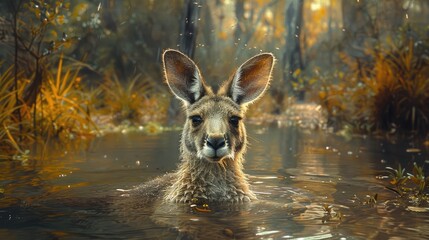 Close-up of a Young Kangaroo Submerged in Water in a Bush Setting