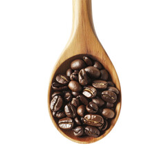 Obraz premium coffee beans with wooden spoon, close-up of coffee beans scattered around a wooden spoon, isolated on transparent background