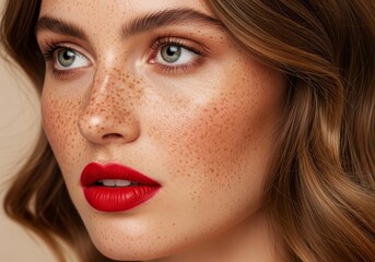 Freckles Beauty Red Lips - Close-up of a woman with freckles and red lipstick, showcasing her natural beauty