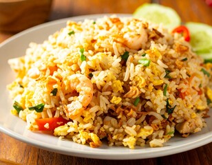 Extreme close-up, photorealistic image of freshly cooked Indonesian Nasi Goreng, showing vibrant rice grains, scrambled egg, and juicy shrimp on a plate. Looks appetizing and delicious.

