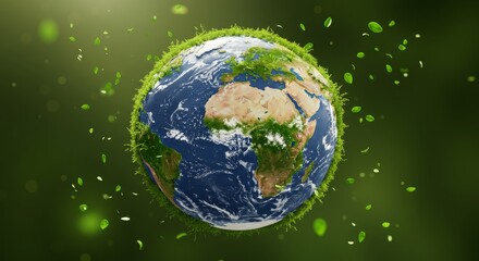 Fototapeta premium Green Earth Globe - A 3D of planet Earth covered in lush green grass, surrounded by falling leaves against a green background. Symbol of environmental protection