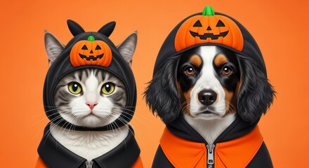 Obraz premium Halloween Pets in Costumes - Adorable cat and dog wearing cute pumpkin Halloween costumes. Perfect for autumn and holiday themed projects