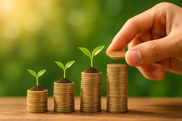Hand adding coin to stacked money with growing plants