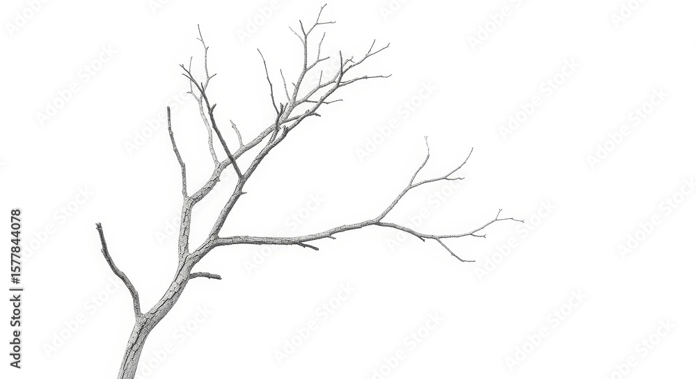 Poster isolated bare branch on white - a single, leafless branch isolated on a white background symbolizes 