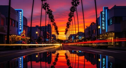 City street view at dusk with palm trees and neon signs reflecting in the wet pavement surface