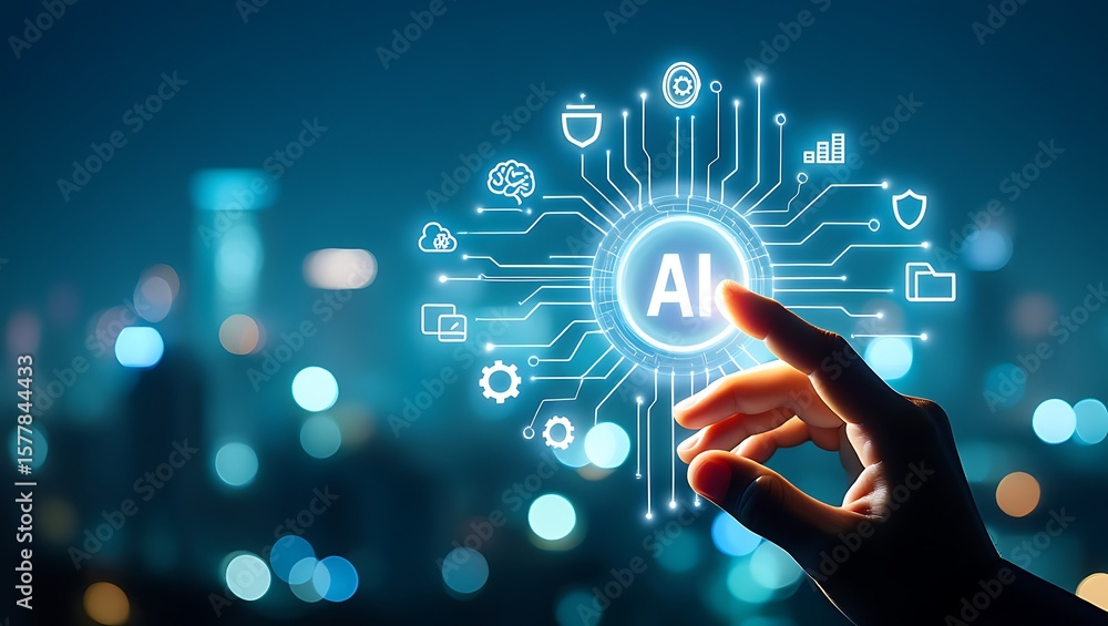 Aufkleber touching artificial intelligence interface, ai technology interface with hand gesture and blurred ci