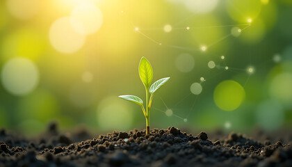 A Vibrant Young Plant Emerges from the Earth Bathed in Golden Sunlight and Surrounded by a Network of
