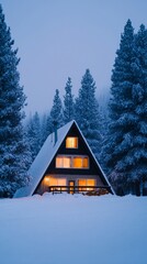 Fototapeta premium A-Frame Mountain Cottage with Glowing Windows in Snowy Pines at Twilight