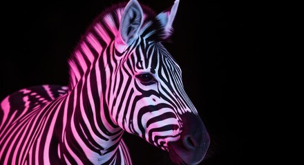 A zebra's head and neck illuminated with pink and white light against a black background in a studio