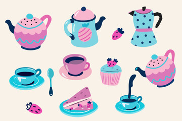 Playful pastel tea time clipart featuring cute teapots, cups, strawberry cupcakes, and sweets in charming pink, blue, and purple hues. This whimsical set is perfect for children’s parties, café decor,