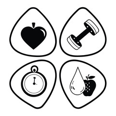 Black heart dumbbell stopwatch apple water drop icons health fitness