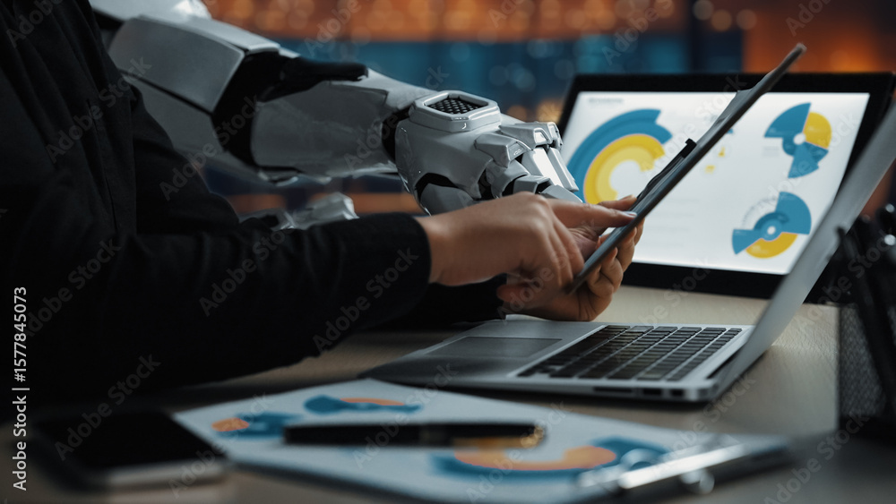 Poster a robot arm interacts with a tablet and laptop, surrounded by modern technology in a workspace. the 