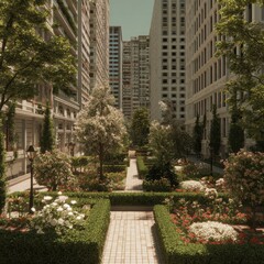 A tranquil garden surrounded by city life, ideal for relaxation.