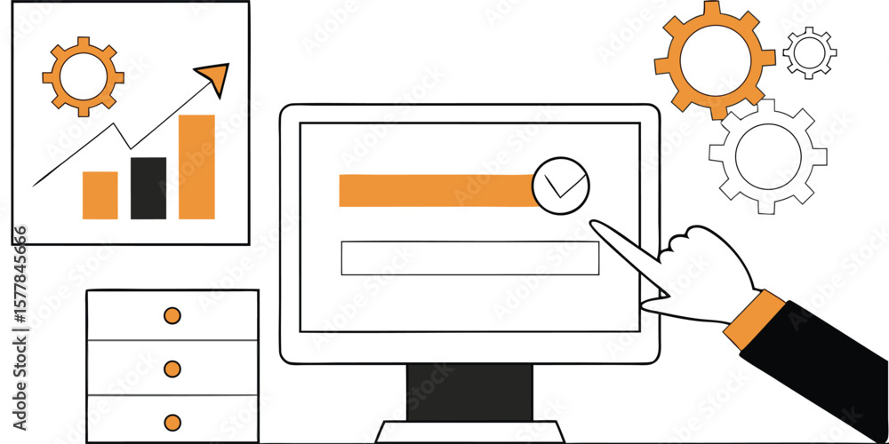 Poster computer screen with graph and gears technology