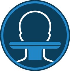 A stylized head and neck icon in a dark blue circle against a light blue background with white outline