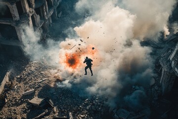 Obraz premium Gunman engages in action amidst ruins with dramatic explosion from an aerial drone perspective, Gunman shooting on ruins and exploding - epic drone shot