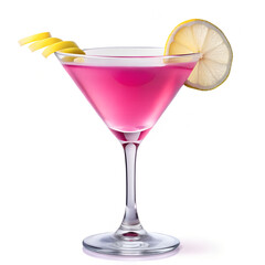 Pink Cosmopolitan cocktail with lemon twist garnish, isolated background. Mixology, bar menu cocktails in coupe saucer and martini glass, colorful refreshing drink