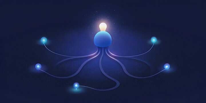 A surreal blue octopuslike creature with glowing tentacles and a light bulb head floats in a starry galaxy.