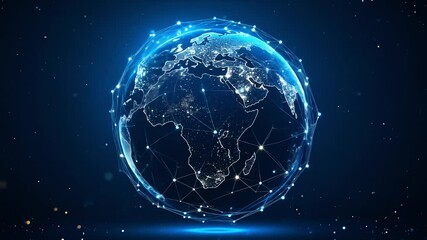 A glowing Earth globe with digital grid in space on blue backdrop - Powered by Adobe