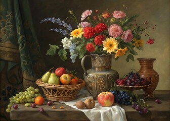 Still life fruit and flowers in ornate vase grapes © Md Raisul Islam