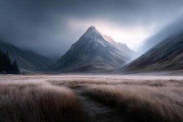 Misty Mountain Valley: A Serene Landscape of Grass, Fog, and Majestic Peaks