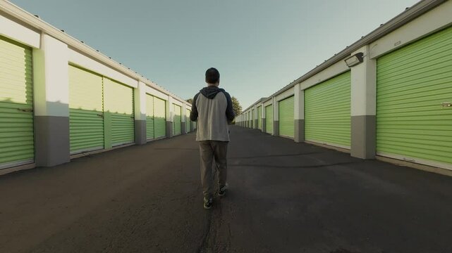 Aerial view of a row of storage units with green roller shutter doors, set against a clear sky. The person is walking towards the camera, and the scene is captured from a low angle.