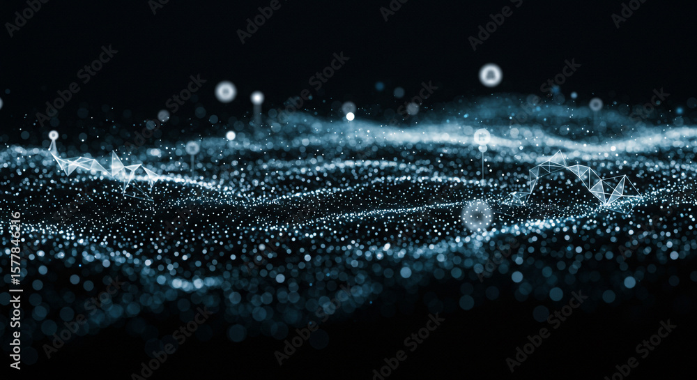 Poster a dark background with glowing white particles forming a wavy surface and connected networks above i