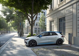 Silver electric car charging on city street with trees
