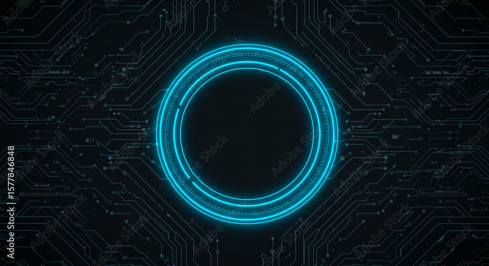 Poster glowing blue circles on a dark background with circuit board pattern and technological design elemen