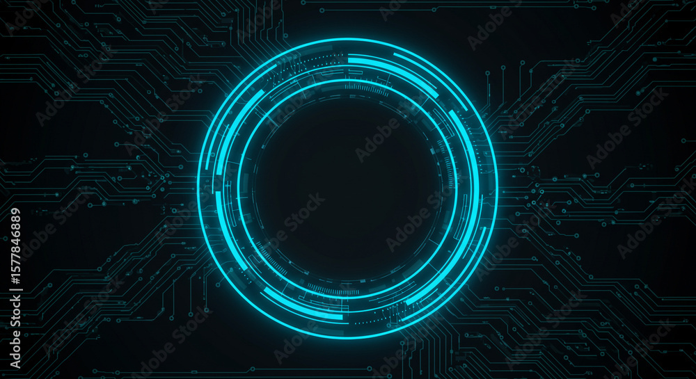 Poster glowing blue circles surrounded by intricate circuit board patterns on a dark background