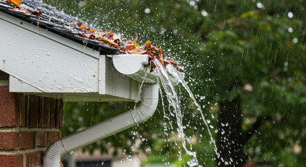 Clogged Gutters in Rainwater Home Damage Maintenance Leaking Roof Repair and Rain Gutter Cleaning