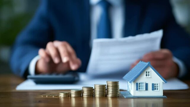 Professional consultation scene showing financial advisor flipping through budgeting worksheets, with visual focus on house model, calculator, and coins representing long-term fina