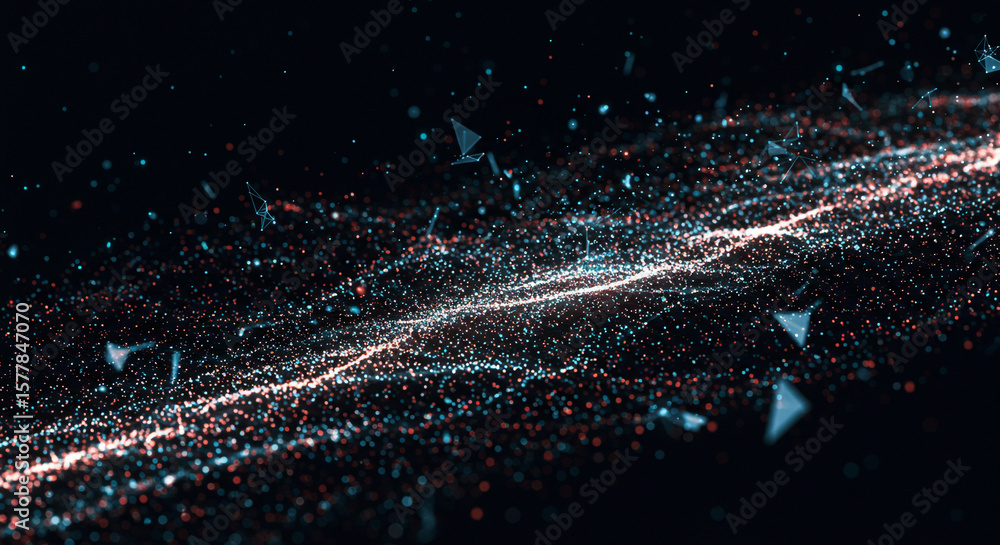 Poster a digital landscape with flowing particles and geometric shapes on a dark abstract background