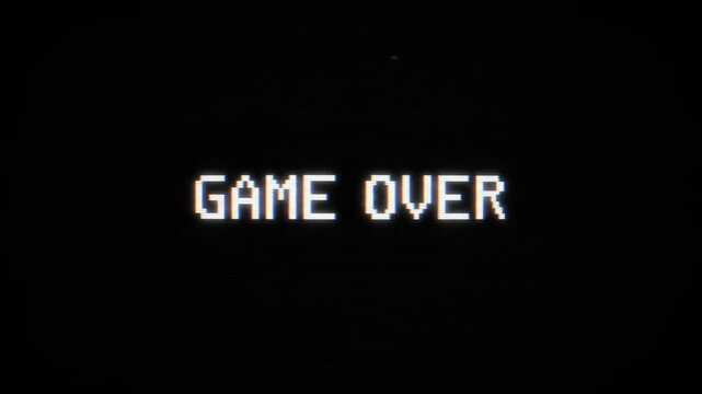 Retro pixel-style &ldquo;GAME OVER&rdquo; text blinking in an 8-bit font on a black screen with random flicker and glitch pixel dropouts, paired with a subtle CRT screen overlay texture.







