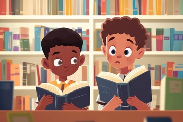 School boys reading books together in a library filled with colorful shelves and school items, school items icons over biracial schoolboys reading book in library