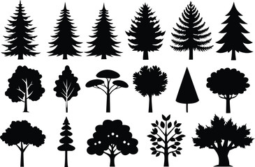 Fototapeta premium Black Silhouette Tree Icons A Collection of Diverse Tree Designs