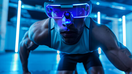 Man with vr headset in a futuristic blue lit room ready to start a virtual reality experience setting up .