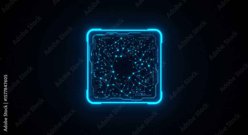 Aufkleber a glowing blue square with a complex network of connected dots inside on a black background