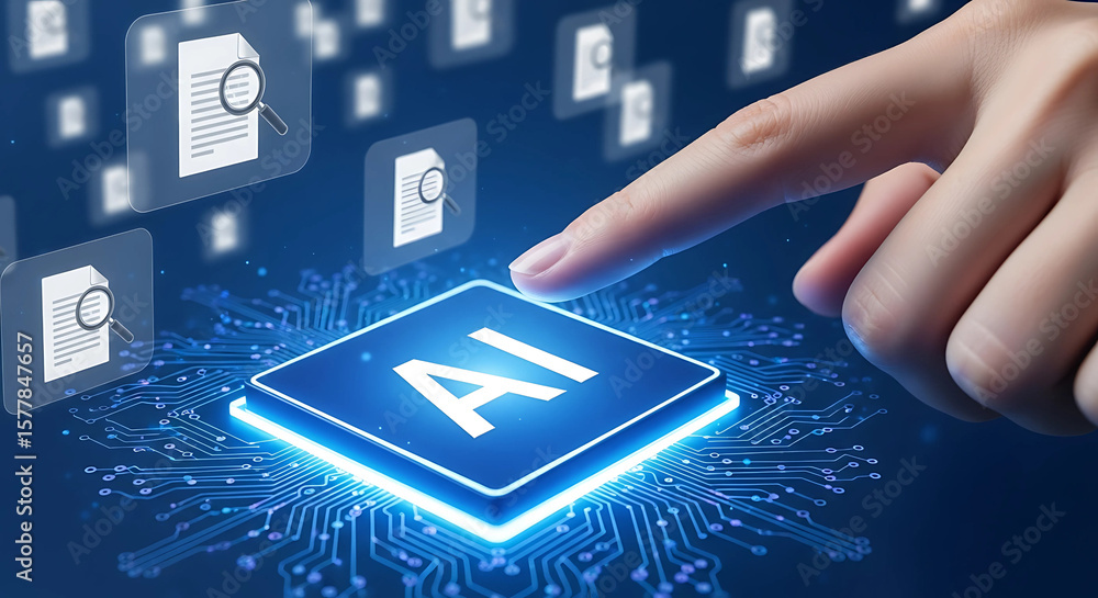Poster a human hand presses an ai button surrounded by documents with magnifying glasses, representing arti