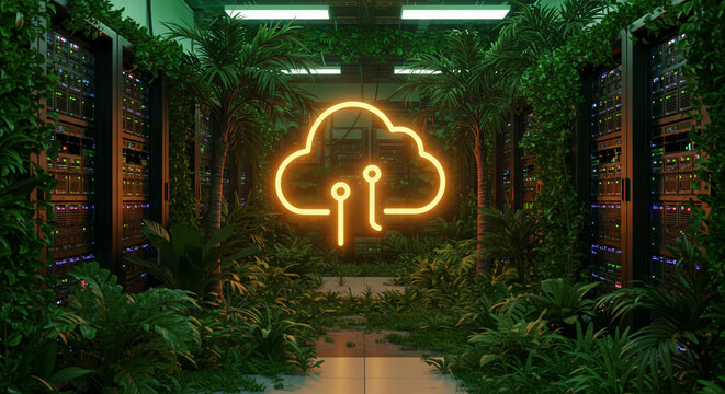 A server room with neon cloud sign surrounded by lush greenery and server racks on either side