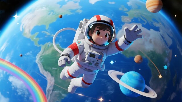 Cartoon Astronaut Exploring Space with Earth Planets and Rainbow Depicting a Child s Dream of Cosmic Adventure and
