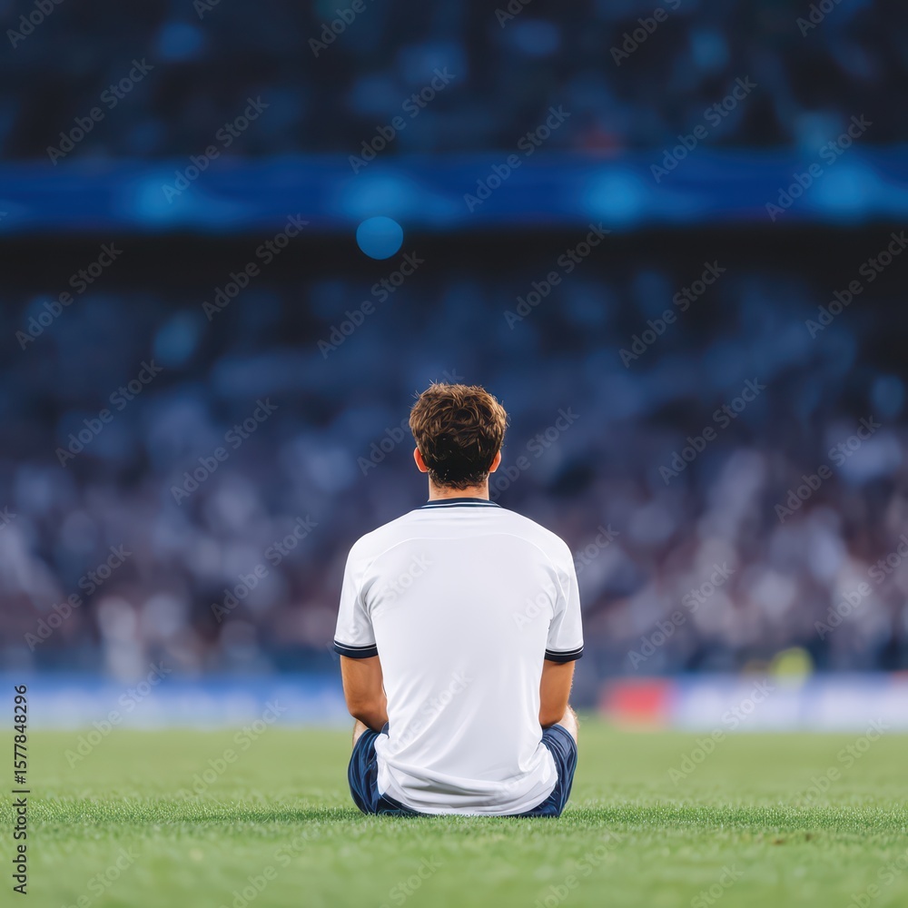 Poster soccer player sitting on field contemplating game operations and team strategies in stadium environm
