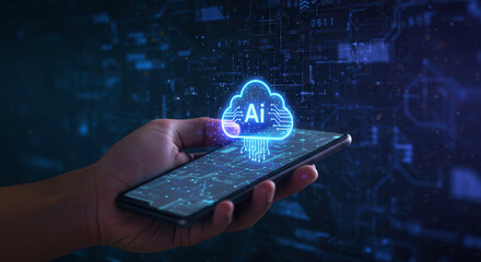 ai cloud computing concept with smartphone in hand, glowing digital interface, representing modern technology innovation, data storage, and online connectivity in futuristic style