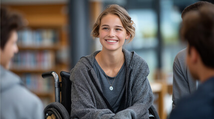 A teenage girl in a wheelchair leads a group discussion in a library