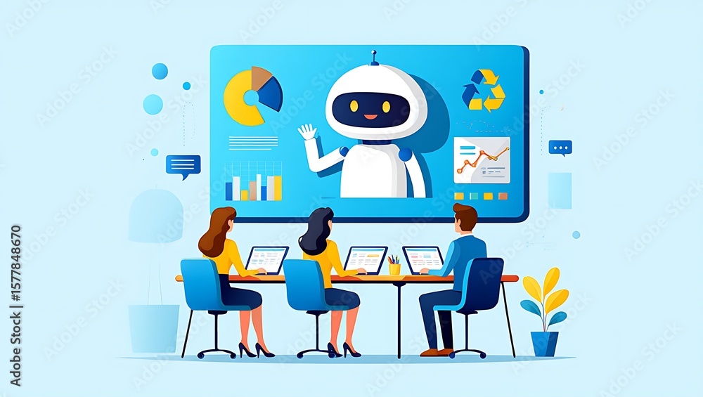 Poster illustration of a meeting with a robot on screen, business presentation with a friendly robot assist