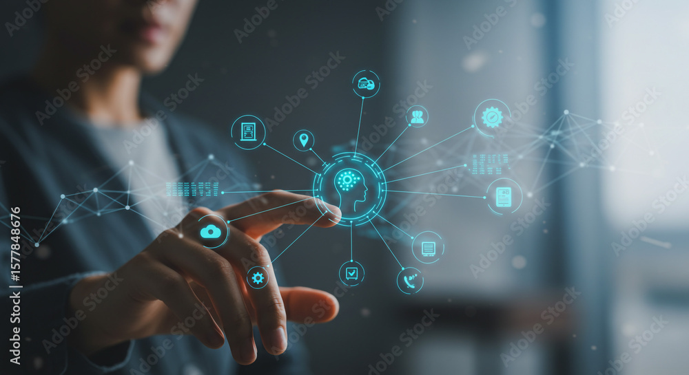 Poster woman interacting with glowing ai interface and interconnected digital network icons in a modern set