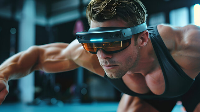 Man with muscular arms wearing augmented reality headset in a fitness or training environment shown close up .