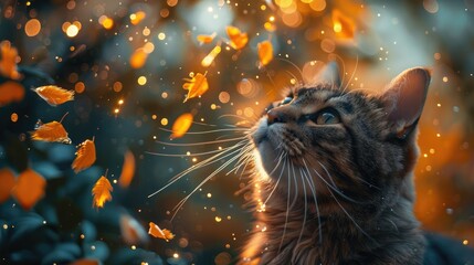 Curious Tabby Cat Gazing at a Glowing Butterfly in Golden Light
