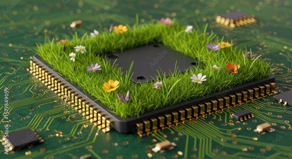 Poster computer chip with grass and flowers on circuit board